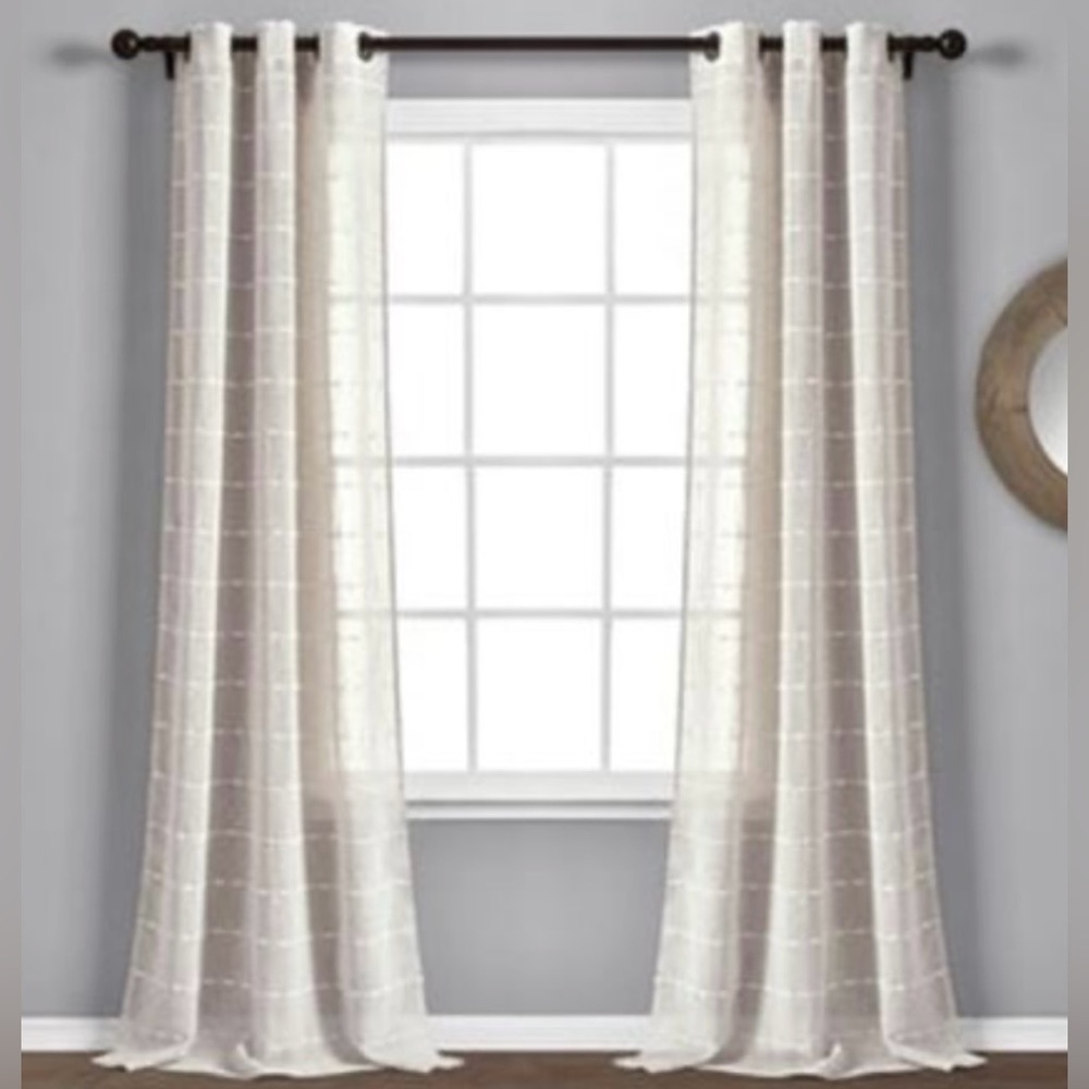 Lush Decor Farmhouse Textured Grommet Sheer Window Curtain Panel Pair 95" x 38"